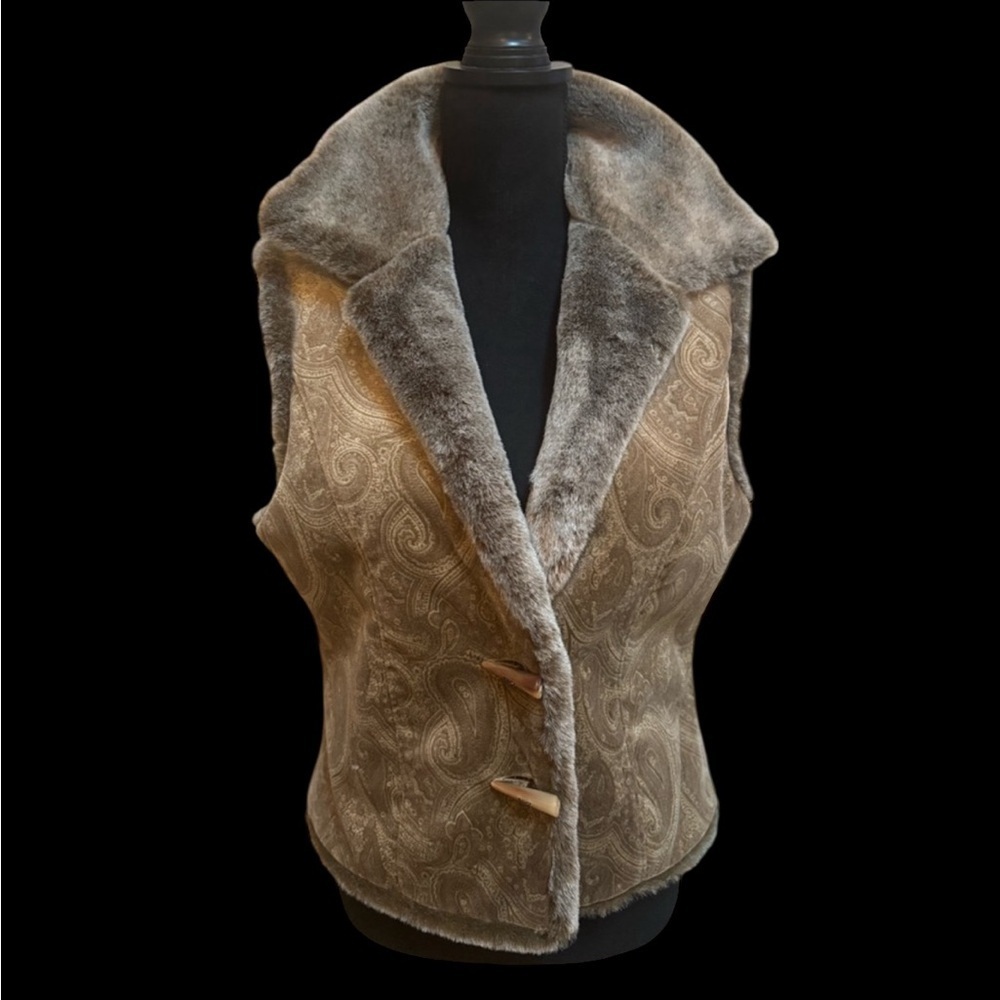 J. JILL PLUSH PAISLEY PRINT BROWN AND GRAY FAUX FUR COZY WINTER SNOW VEST SZ S